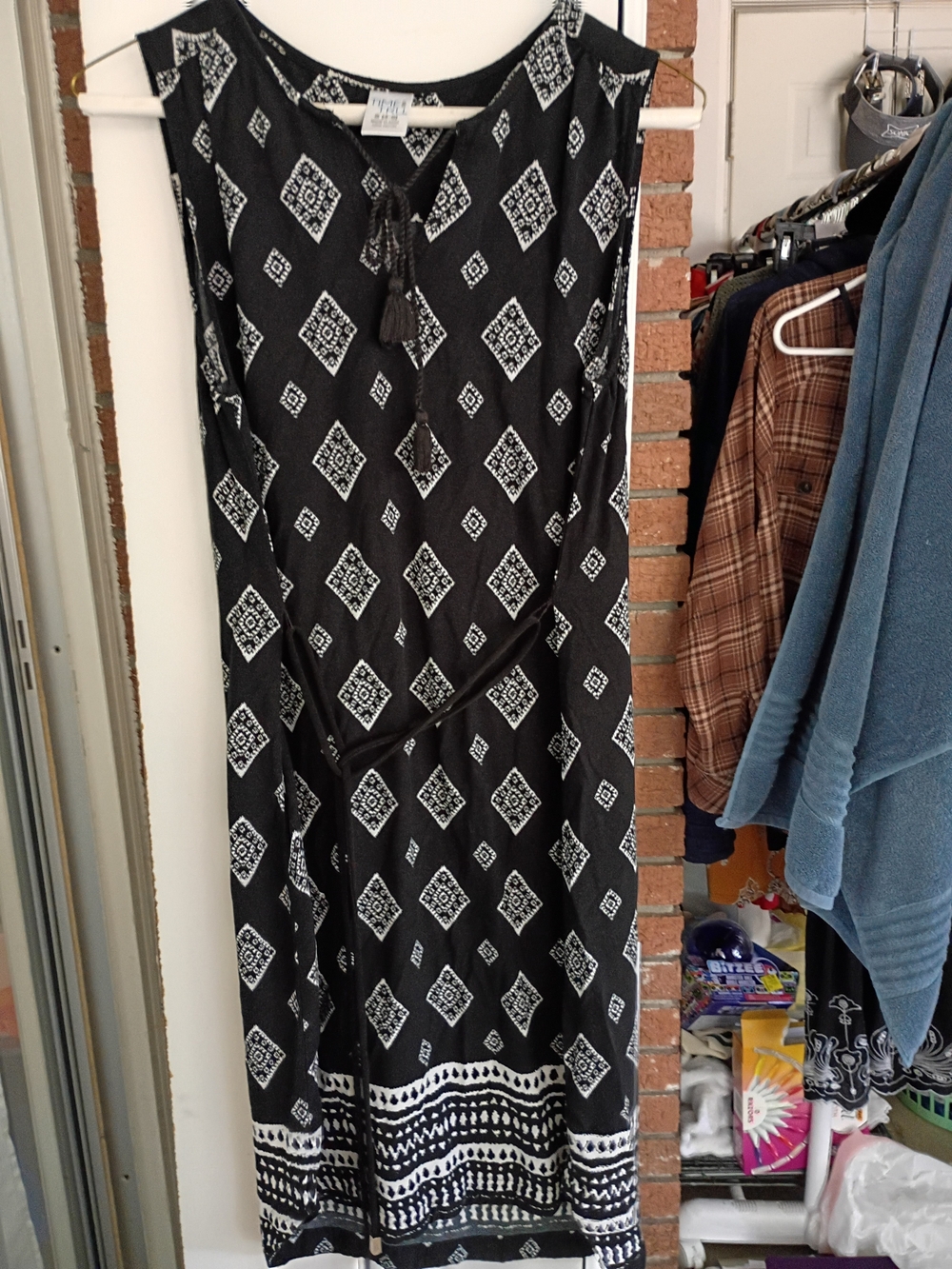 Time and Tru Black White Diamond Print Peasant Dress S 4-6